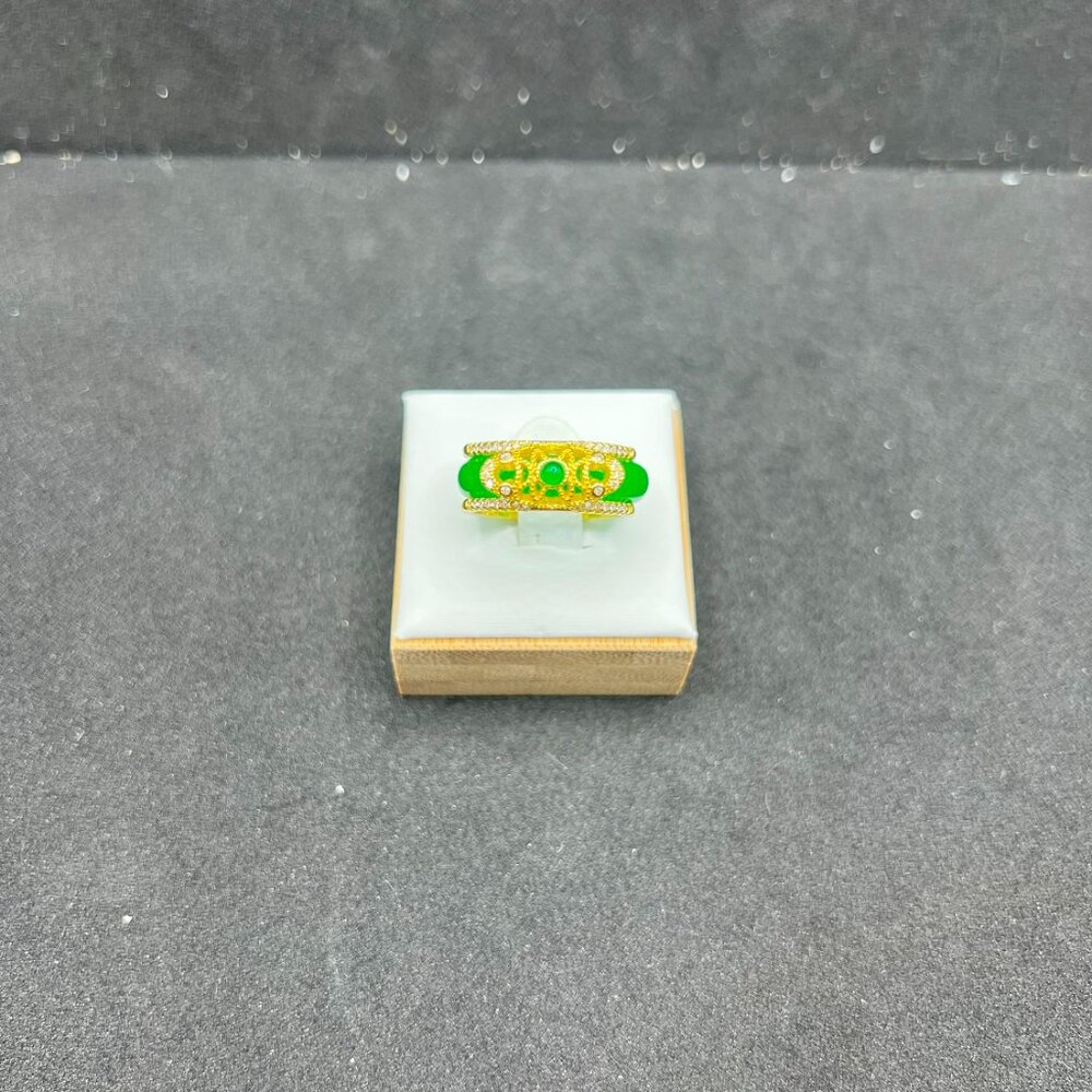 Green Jade Gold Ring with Czs - Size 6.5